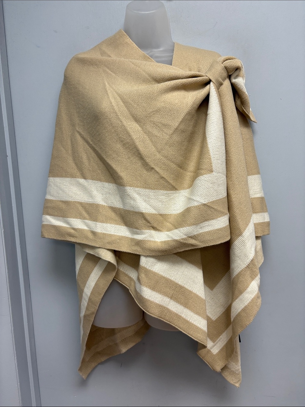 Do Everything in Love Beige & Ivory Striped Knit Poncho Wrap One Size